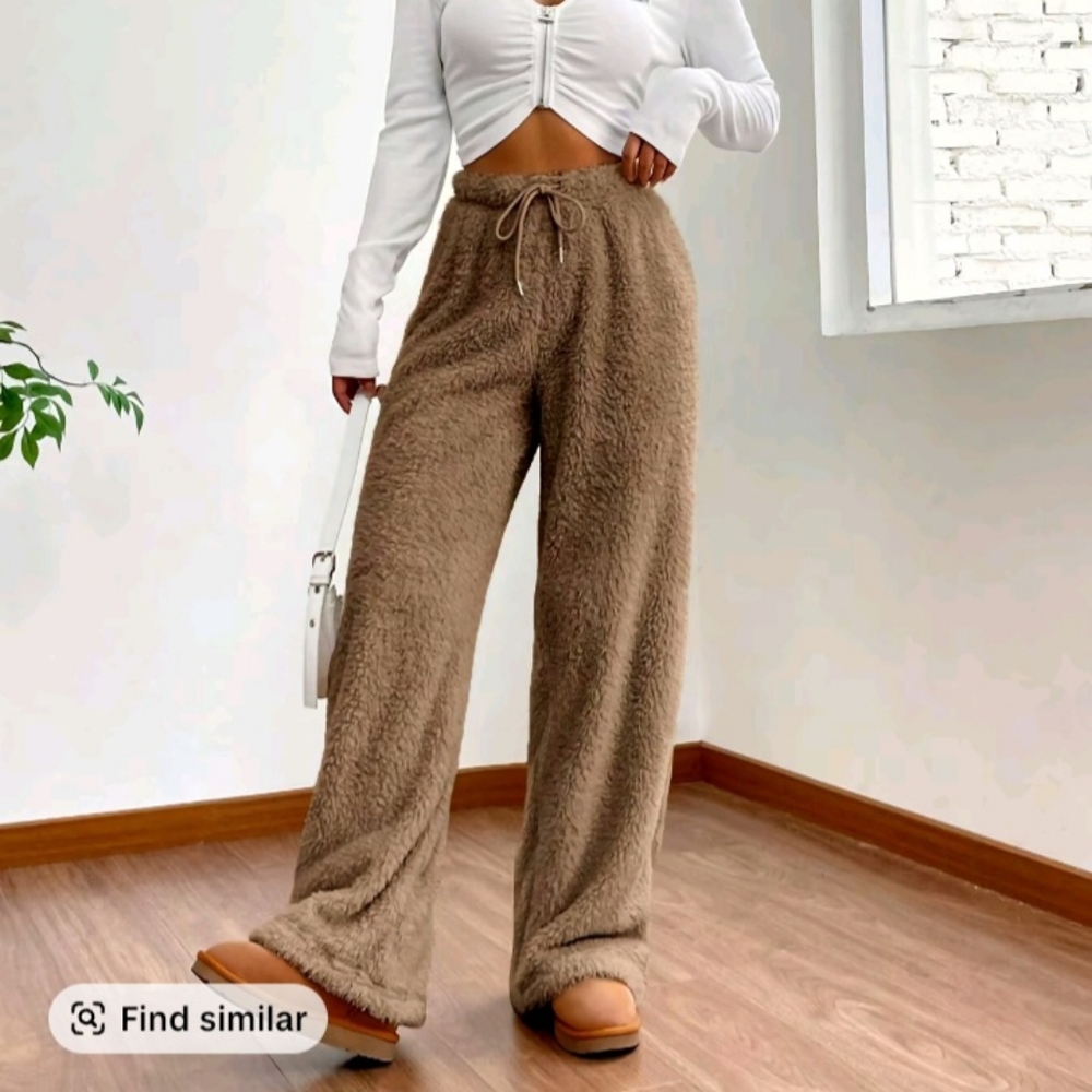 Elegant Tan Fleece Wide-Leg Pants